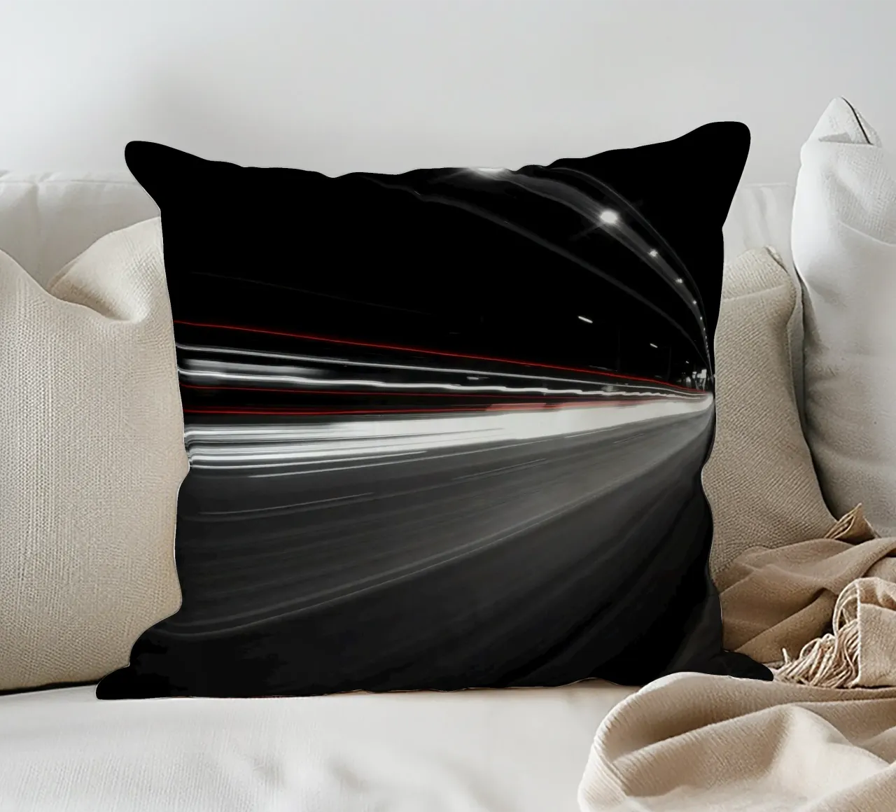 Dynamic lights create streaks on a busy city road decorative cushion by DesignDoodle
