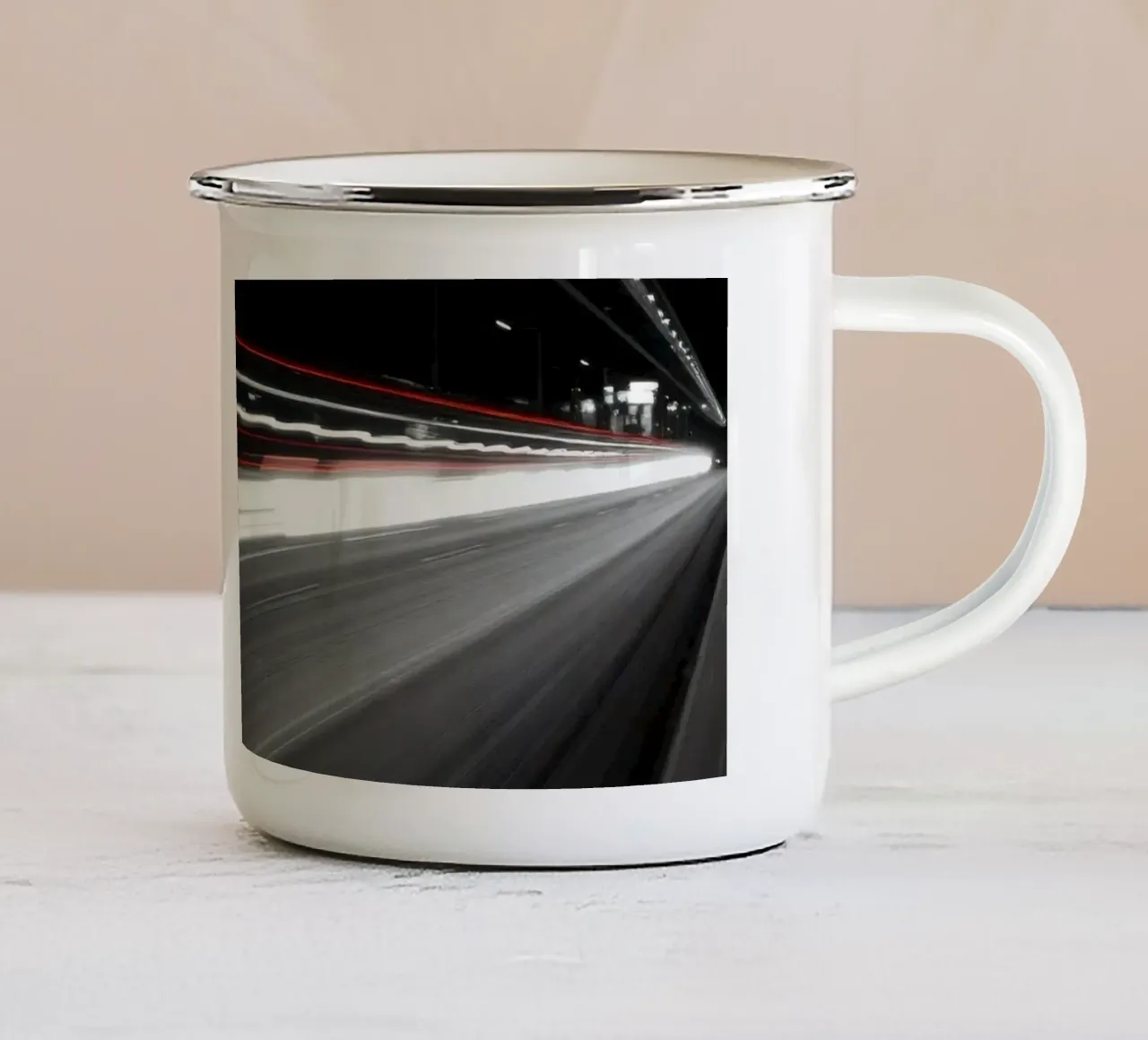 Dynamic lights create streaks on a busy city road enamel mug by DesignDoodle