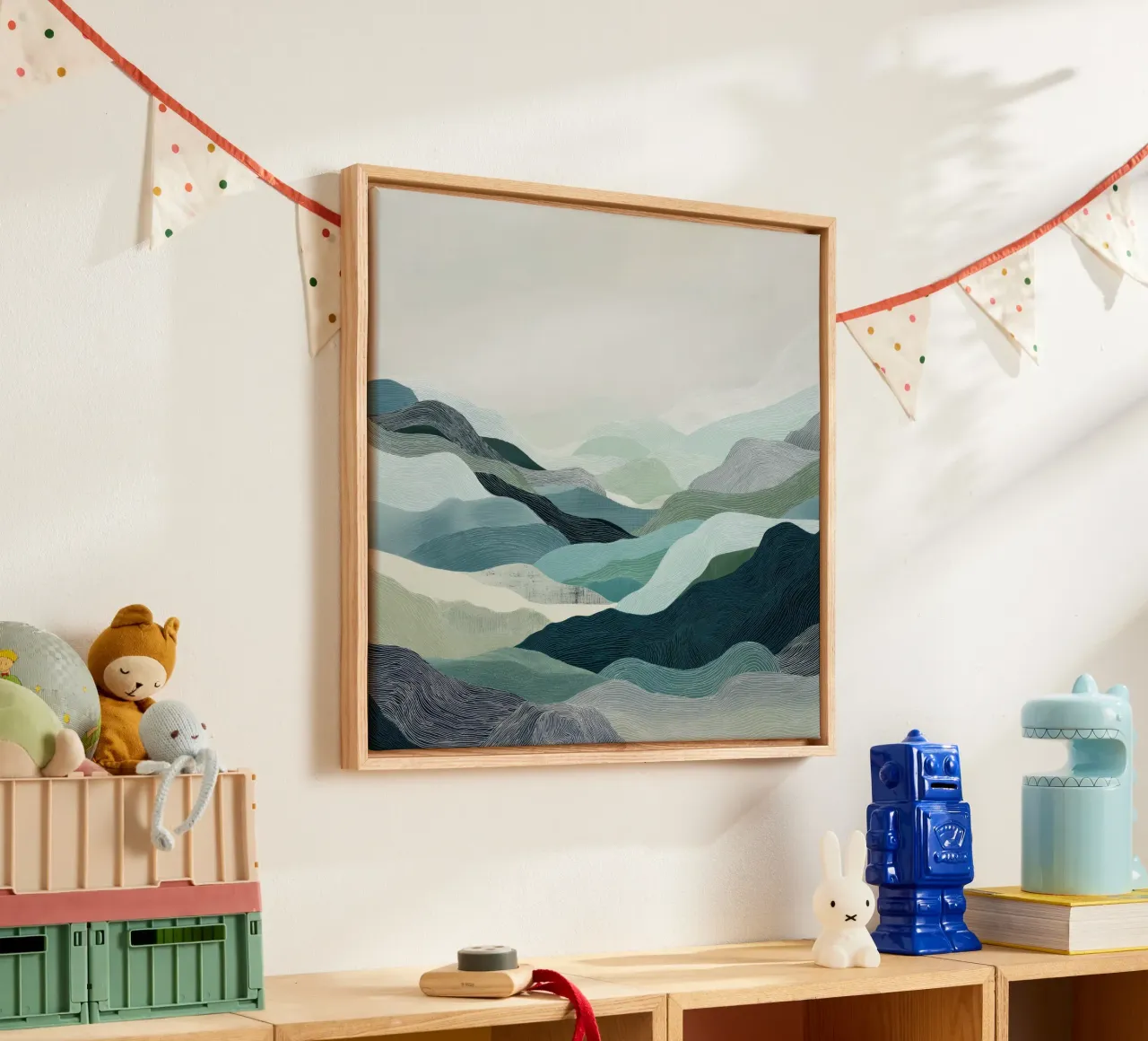Blauw abstract landschap canvas met Baklijst van Imagine