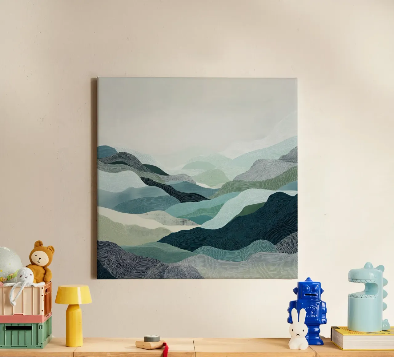 Blauw abstract landschap canvas met Baklijst van Imagine