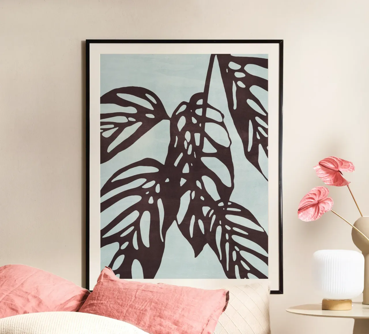 Monstera no. 1 Blue poster met kunststof frame van adrianooliveira