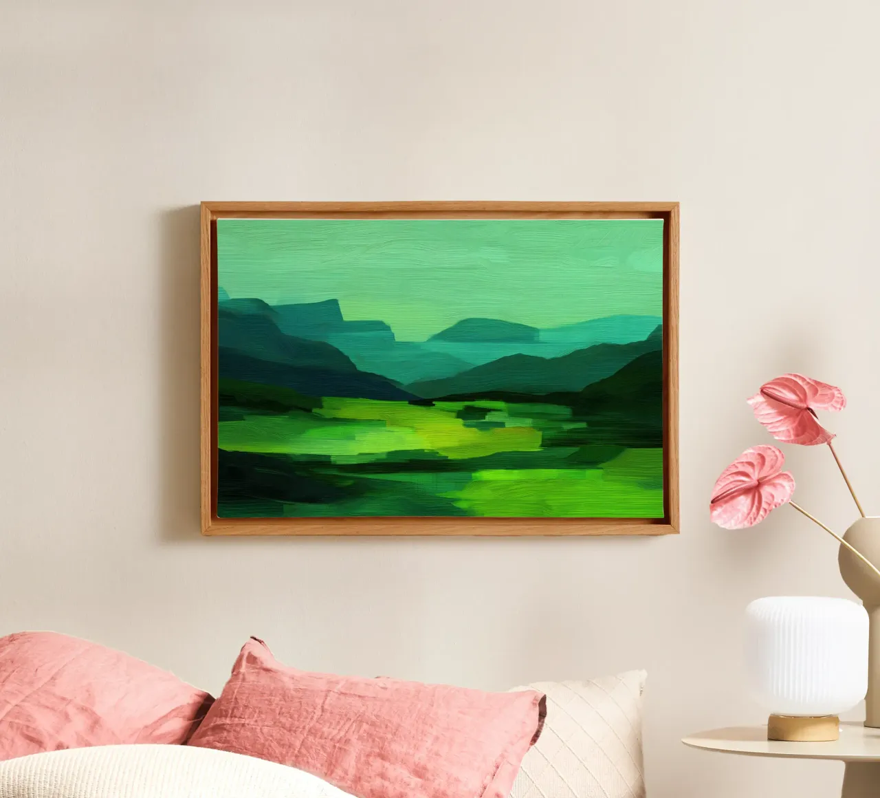 Groen abstract landschap canvas met Baklijst van Imagine
