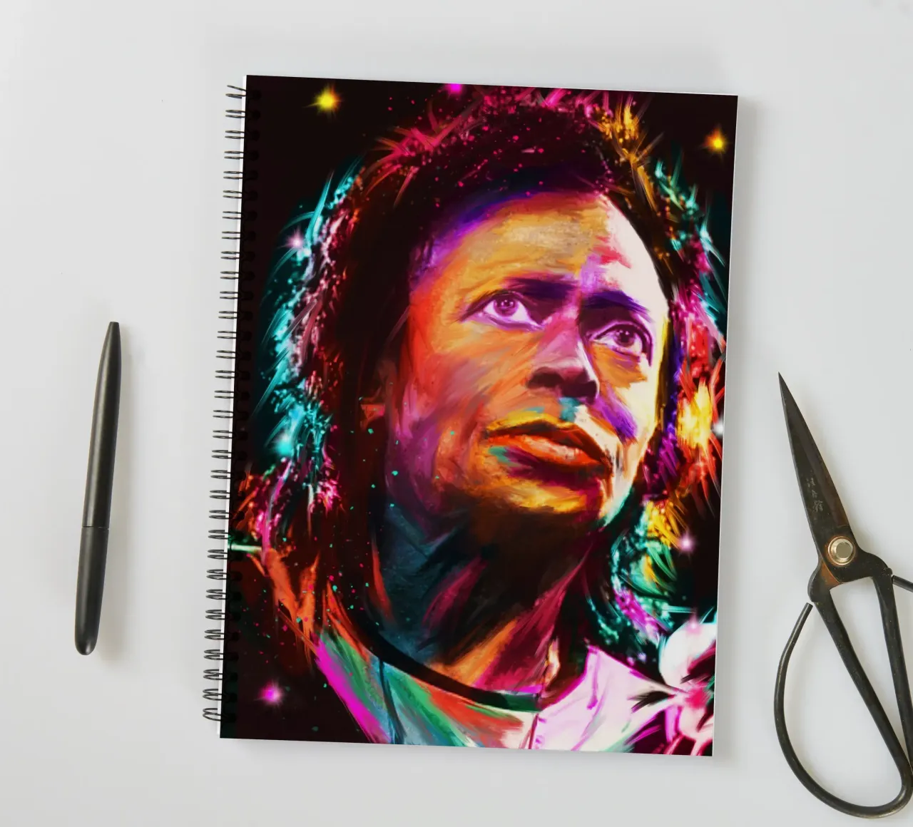 Miles Davis colorful pop art portrait spiral notebook by Hantamrata