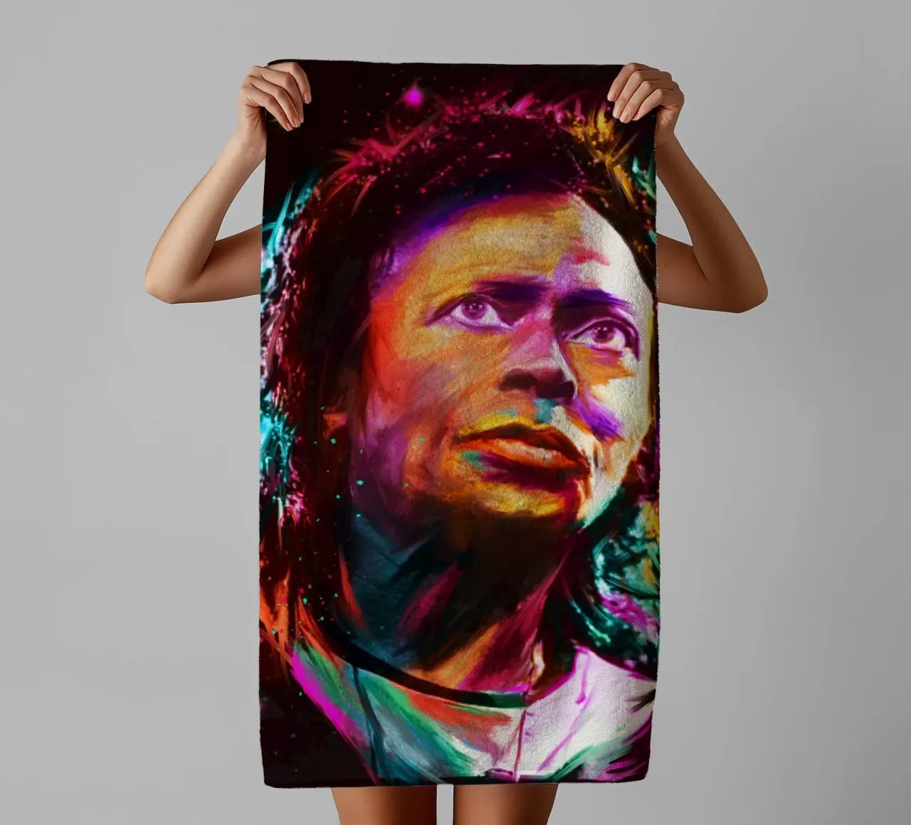 Miles Davis colorful pop art portrait towel by Hantamrata
