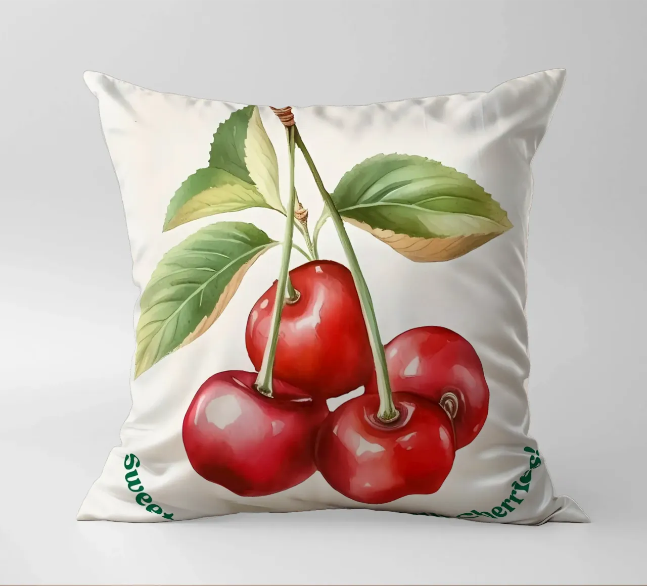 ciliegie frutta foglie steli colore rosso foglie verdi cuscino da Janine P McGuire