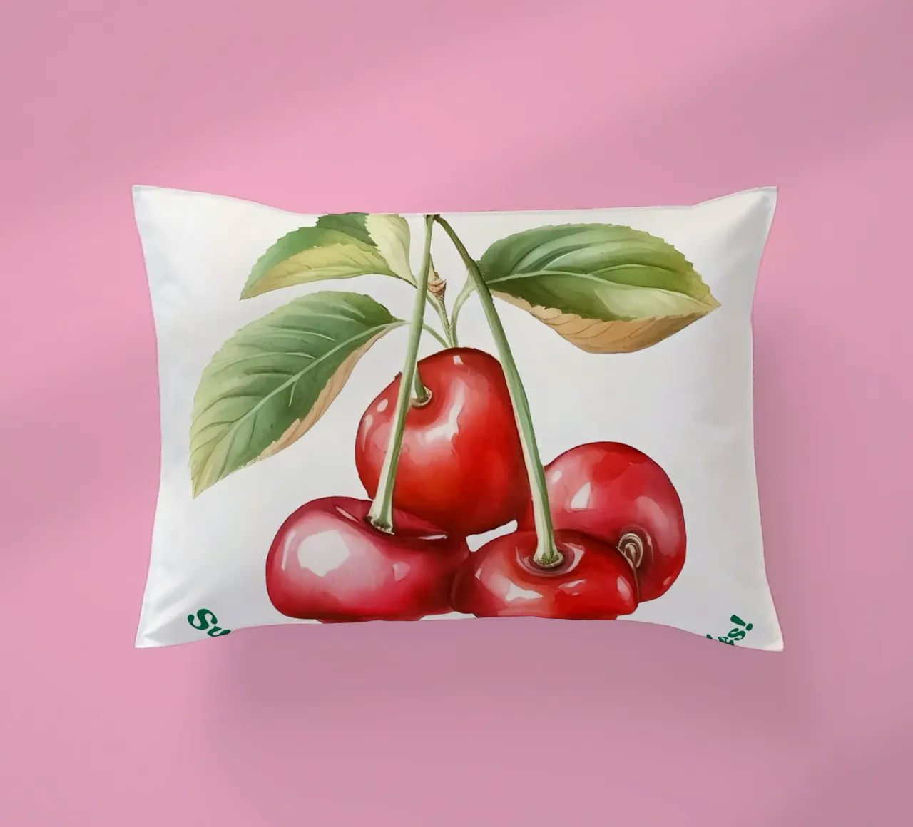 ciliegie frutta foglie steli colore rosso foglie verdi cuscino da Janine P McGuire
