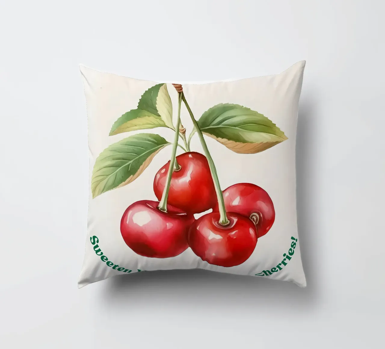 ciliegie frutta foglie steli colore rosso foglie verdi cuscino da Janine P McGuire