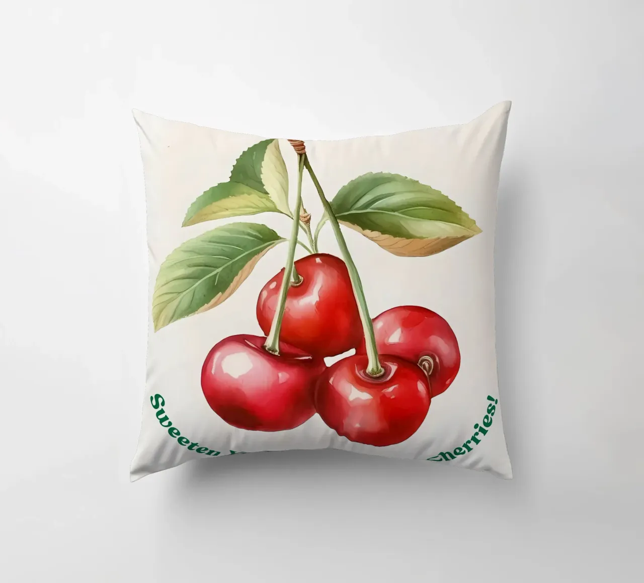 ciliegie frutta foglie steli colore rosso foglie verdi cuscino da Janine P McGuire