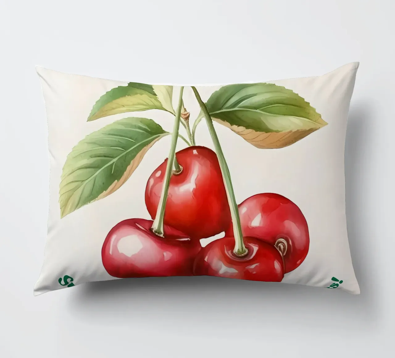 ciliegie frutta foglie steli colore rosso foglie verdi cuscino da Janine P McGuire