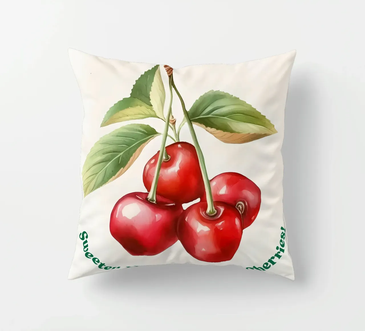 ciliegie frutta foglie steli colore rosso foglie verdi cuscino da Janine P McGuire