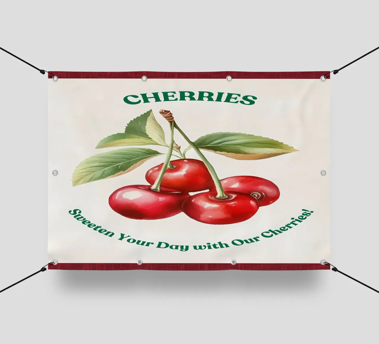 ciliegie frutta foglie steli colore rosso foglie verdi telo in pvc da Janine P McGuire