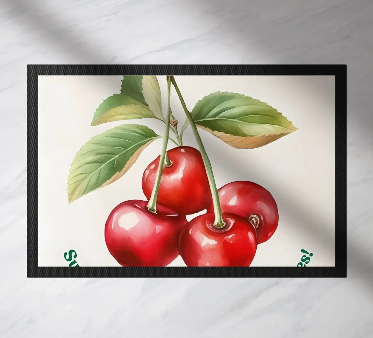 ciliegie frutta foglie steli colore rosso foglie verdi zerbino da Janine P McGuire