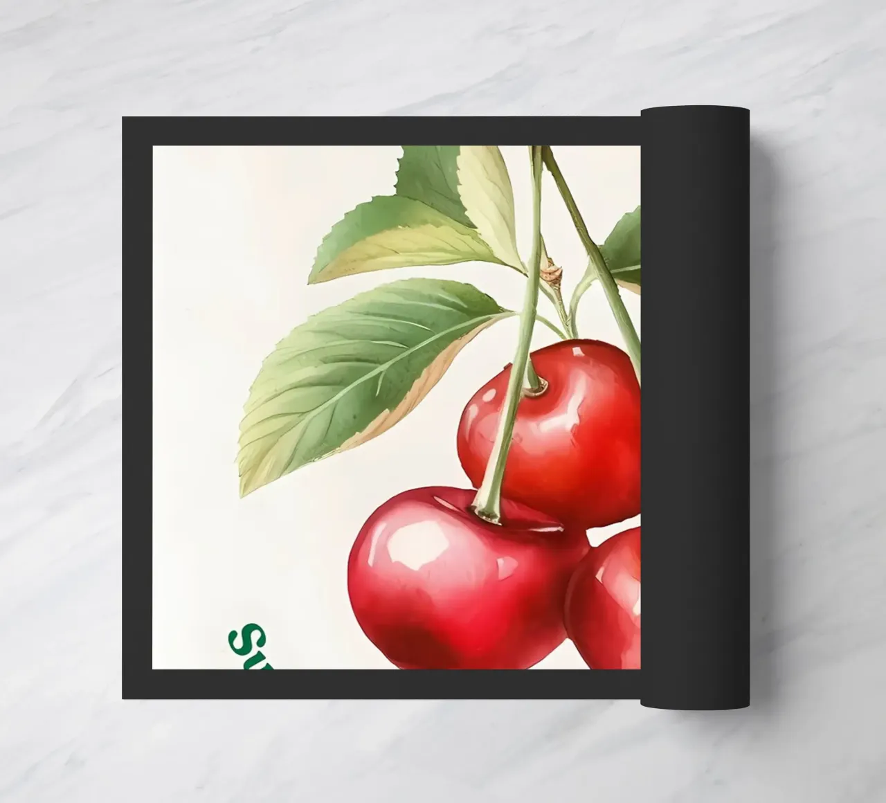 ciliegie frutta foglie steli colore rosso foglie verdi zerbino da Janine P McGuire