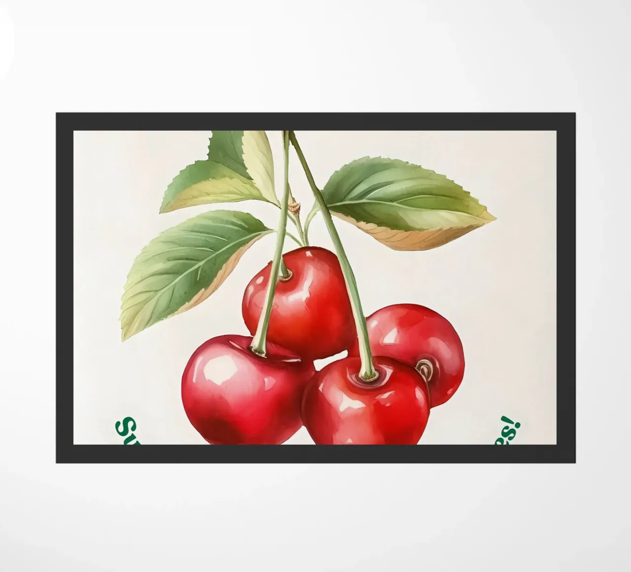 ciliegie frutta foglie steli colore rosso foglie verdi zerbino da Janine P McGuire