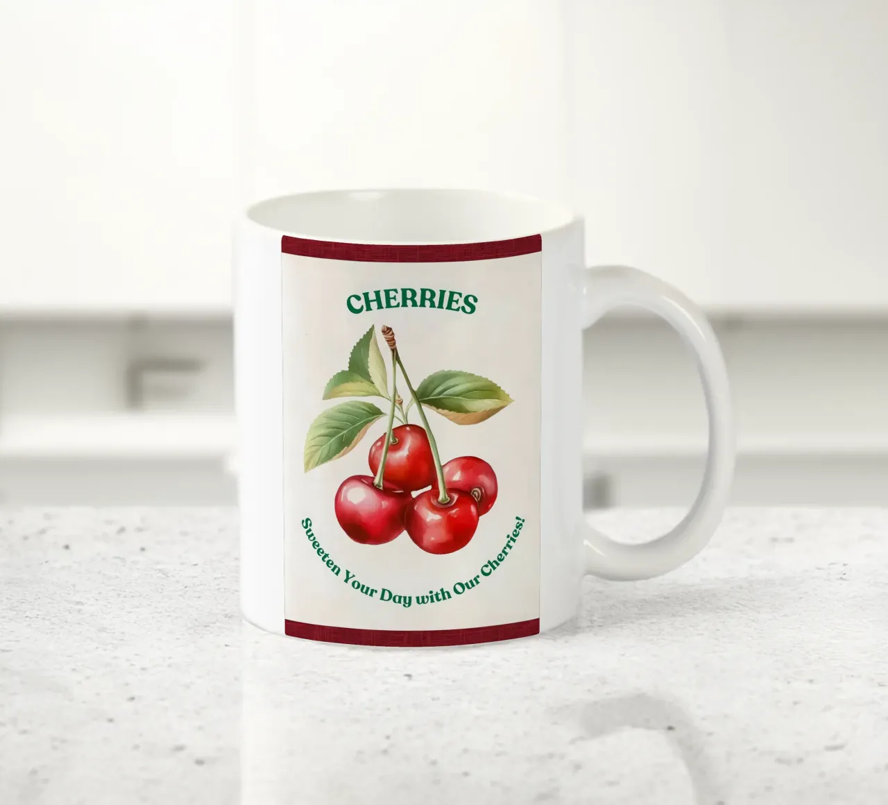 ciliegie frutta foglie steli colore rosso foglie verdi tazza in ceramica da Janine P McGuire