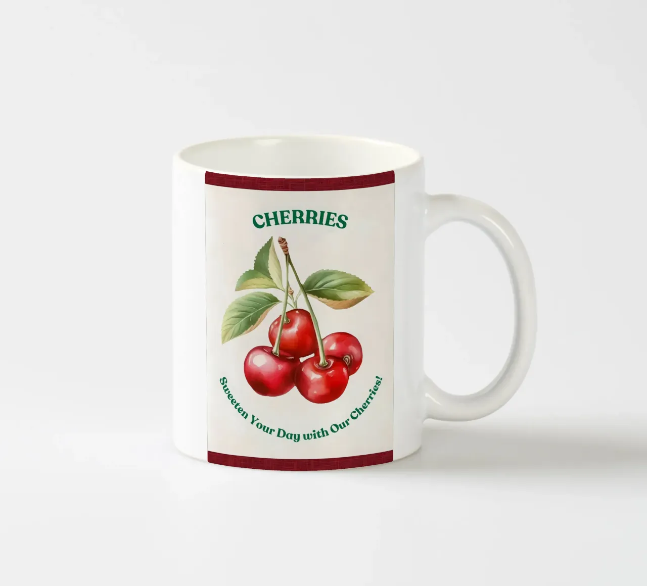 ciliegie frutta foglie steli colore rosso foglie verdi tazza in ceramica da Janine P McGuire