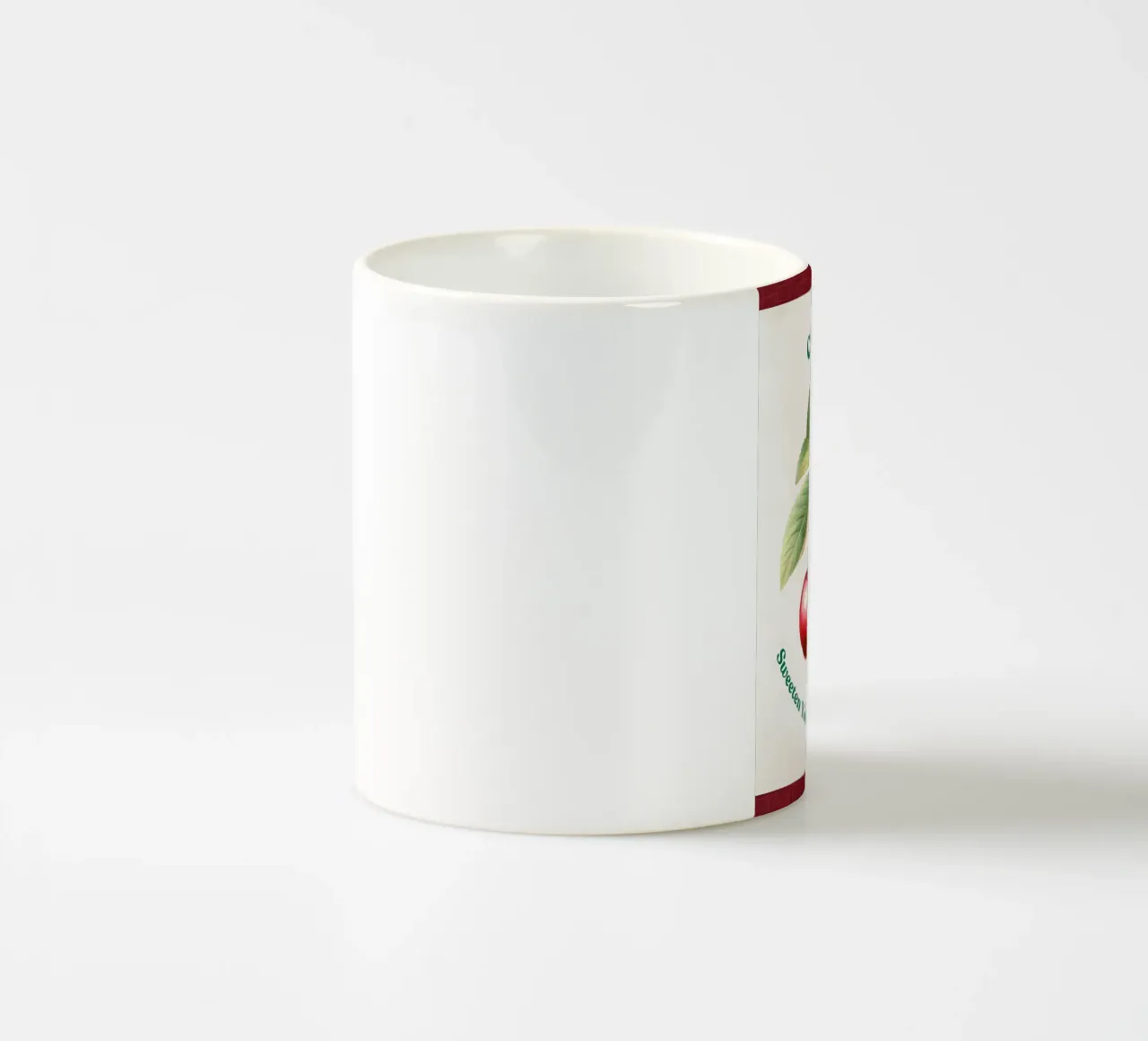 ciliegie frutta foglie steli colore rosso foglie verdi tazza in ceramica da Janine P McGuire