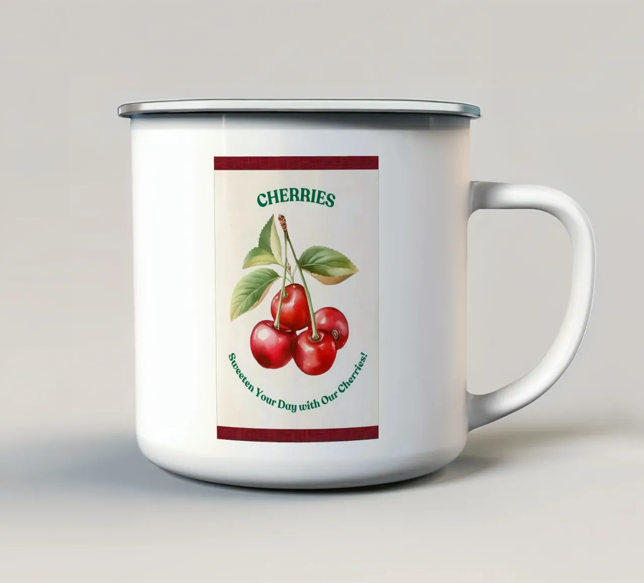 ciliegie frutta foglie steli colore rosso foglie verdi tazza in smalto da Janine P McGuire