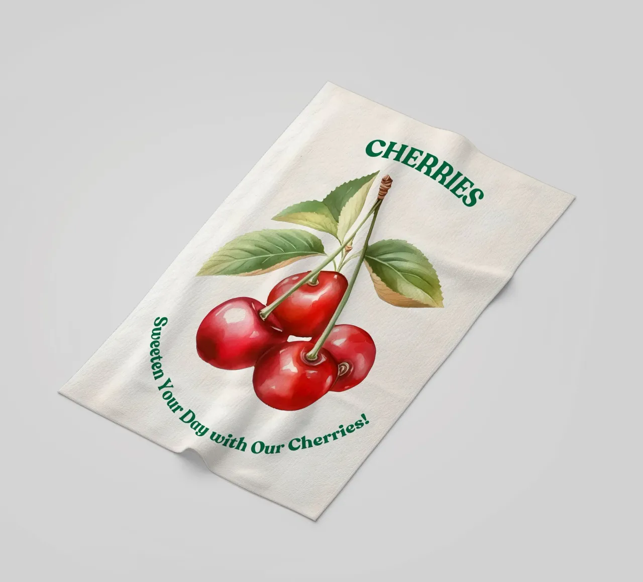 ciliegie frutta foglie steli colore rosso foglie verdi telo mare da Janine P McGuire