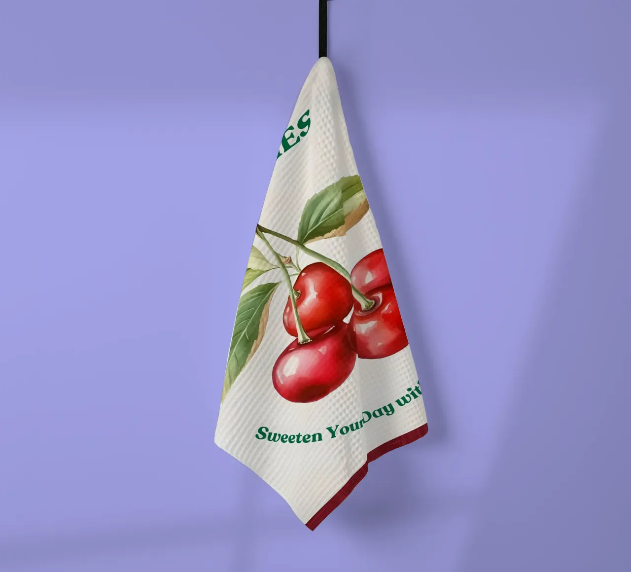 ciliegie frutta foglie steli colore rosso foglie verdi canovaccio da cucina da Janine P McGuire
