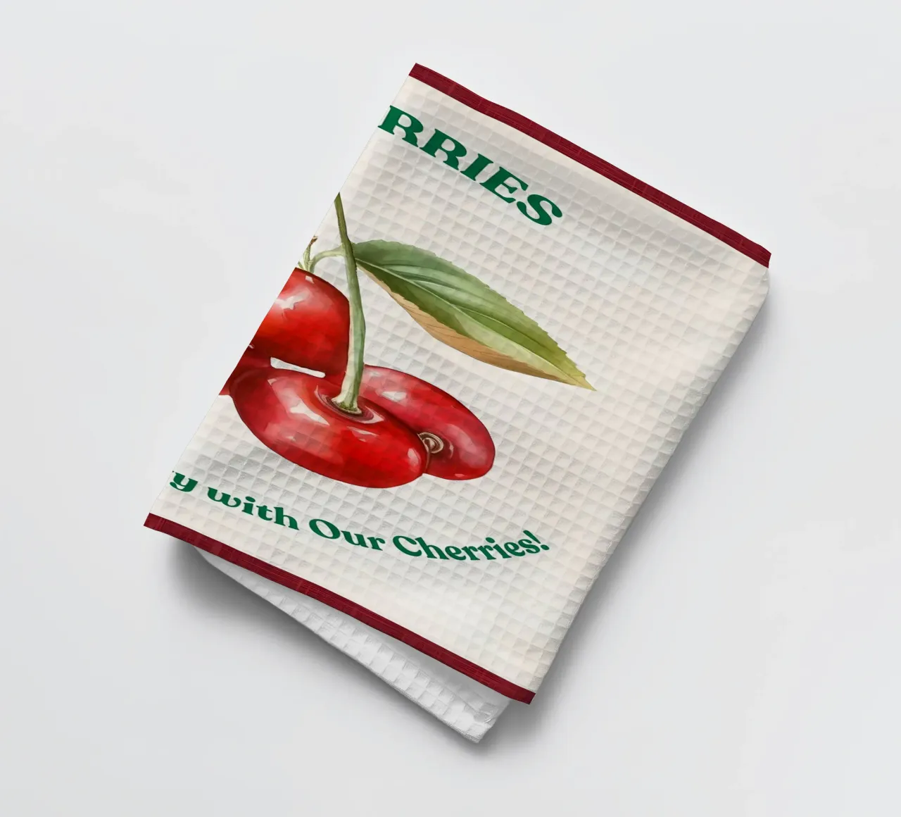 ciliegie frutta foglie steli colore rosso foglie verdi canovaccio da cucina da Janine P McGuire
