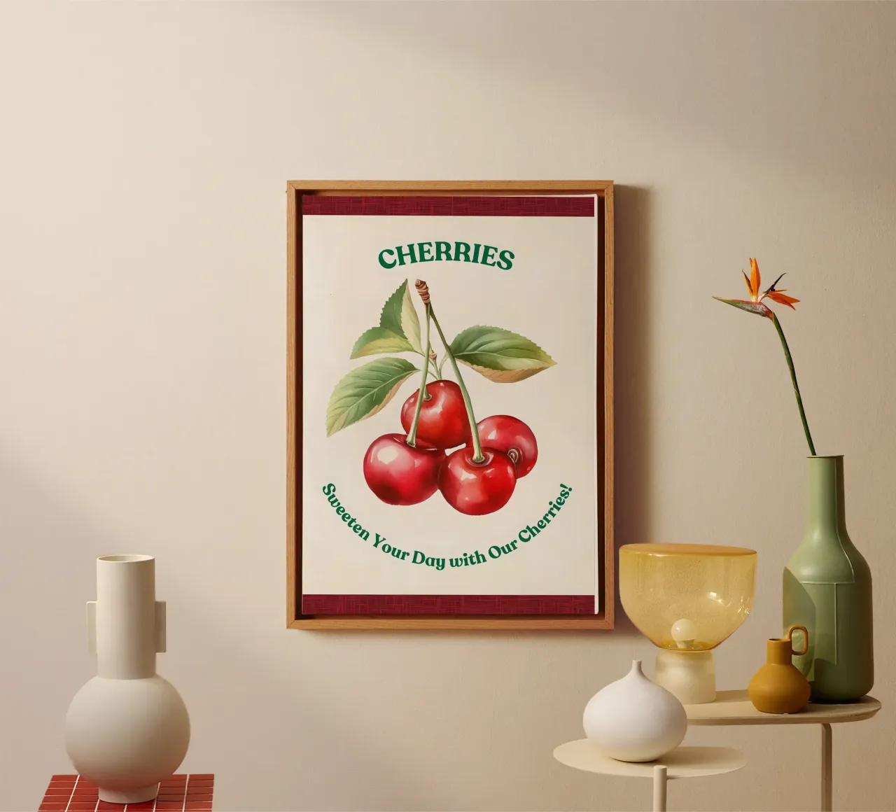 ciliegie frutta foglie steli colore rosso foglie verdi tela con Cornice a cassetta da Janine P McGuire