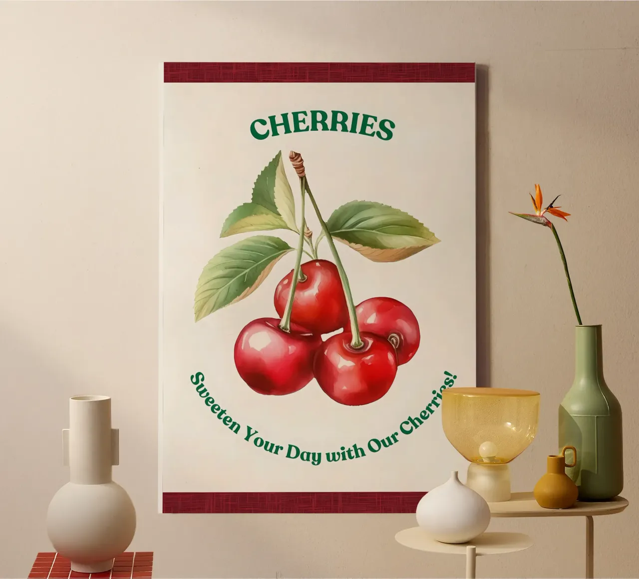 ciliegie frutta foglie steli colore rosso foglie verdi tela con Cornice a cassetta da Janine P McGuire