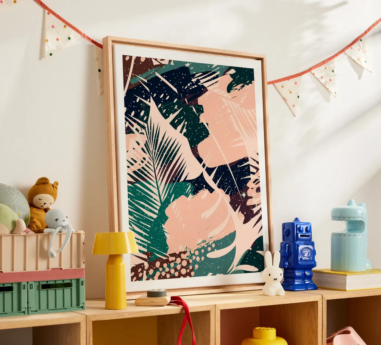 leaves abstract shapes dots tropical foliage palm leaves canvas with Floater frame by Janine P McGuire