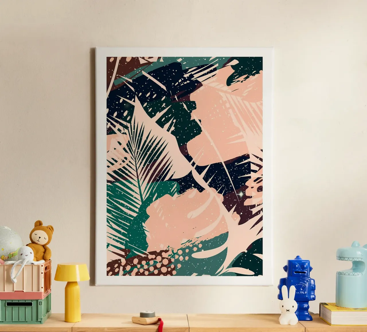 leaves abstract shapes dots tropical foliage palm leaves canvas with Floater frame by Janine P McGuire