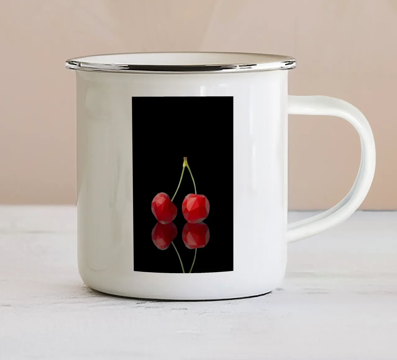 ciliegia frutto riflessione rosso gambo geometrico low-poly tazza in smalto da Janine P McGuire