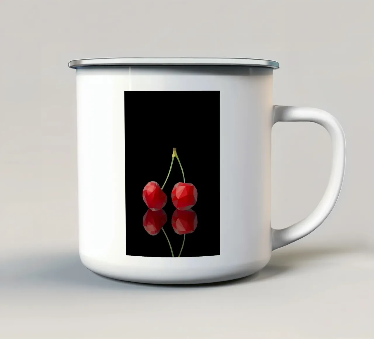 ciliegia frutto riflessione rosso gambo geometrico low-poly tazza in smalto da Janine P McGuire