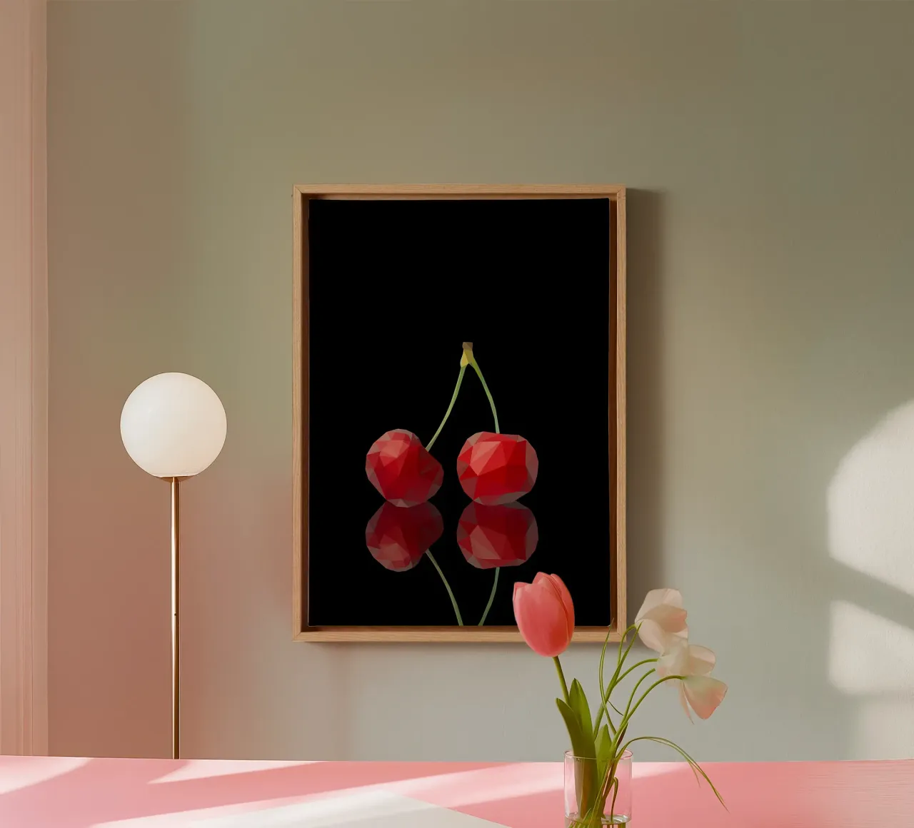 cherry fruit reflection red stem geometric low-poly canvas with Floater frame by Janine P McGuire