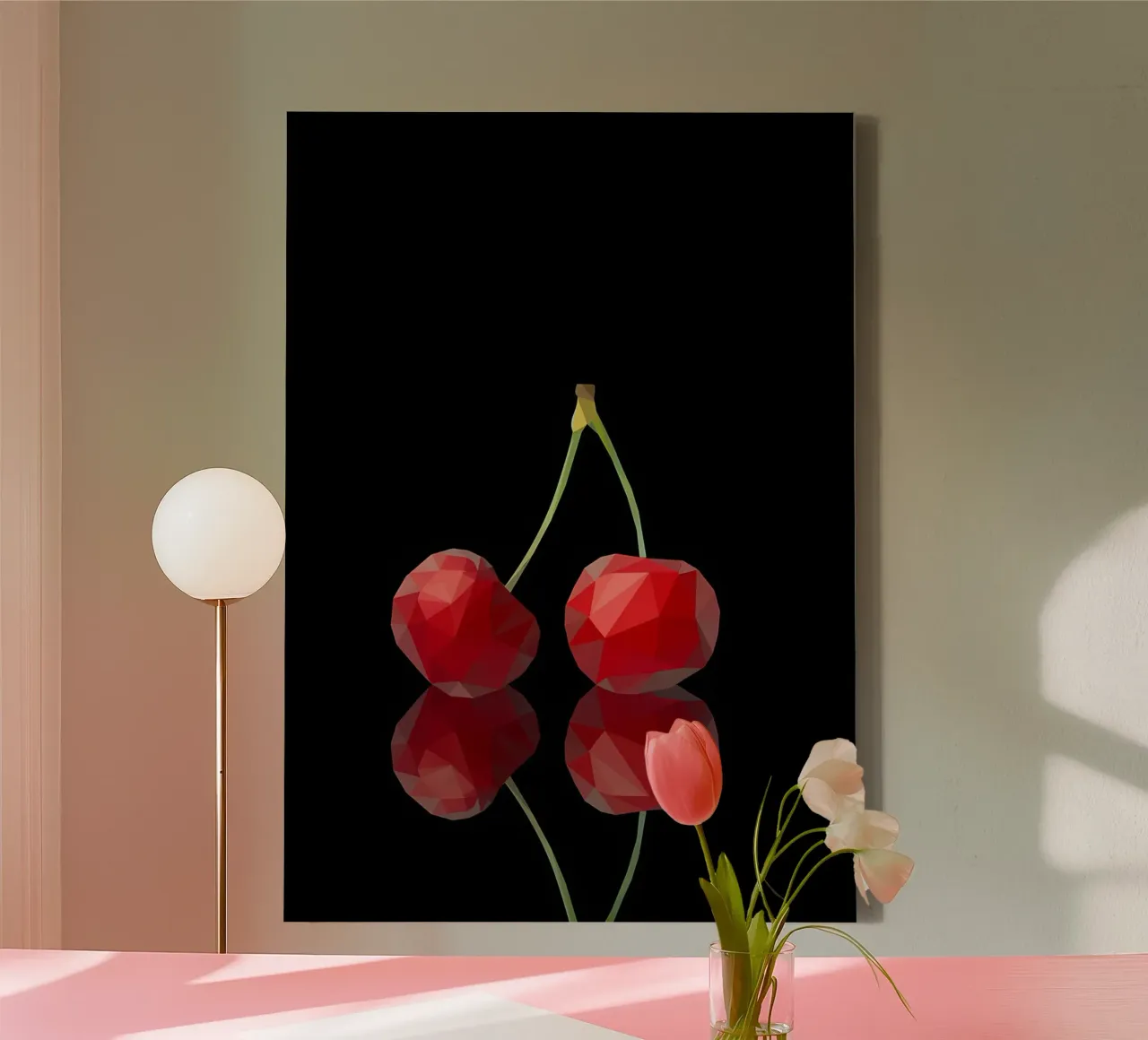 cherry fruit reflection red stem geometric low-poly canvas with Floater frame by Janine P McGuire