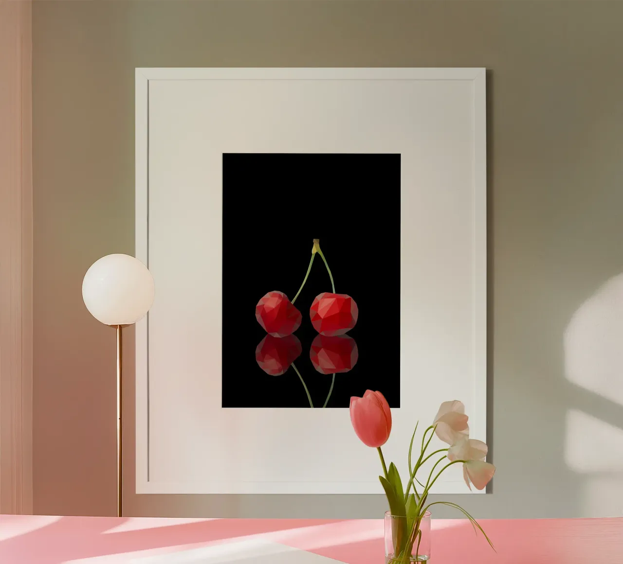ciliegia frutto riflessione rosso gambo geometrico low-poly poster da Janine P McGuire
