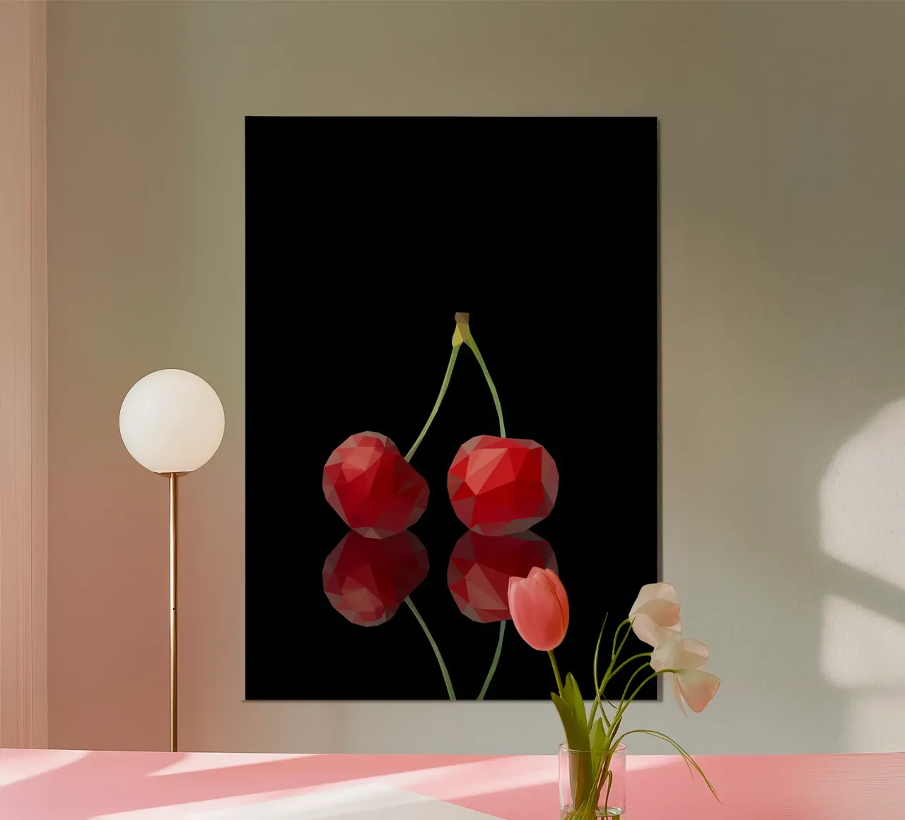 ciliegia frutto riflessione rosso gambo geometrico low-poly poster da Janine P McGuire