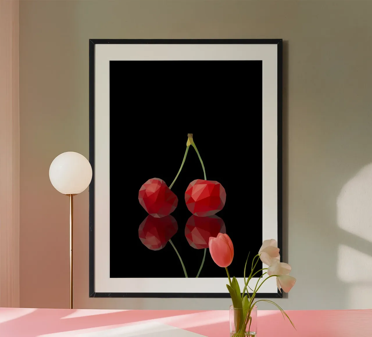 ciliegia frutto riflessione rosso gambo geometrico low-poly poster da Janine P McGuire