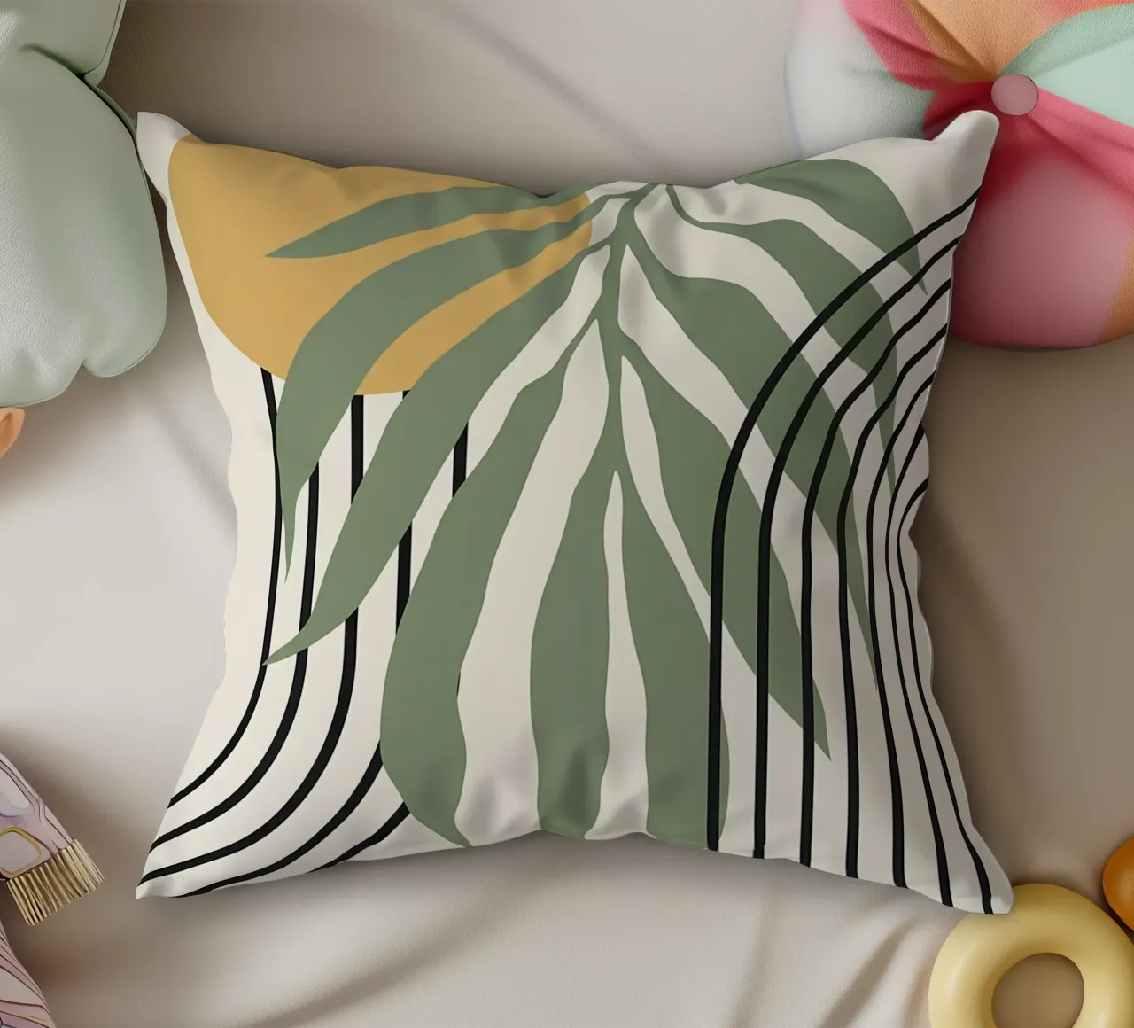 forme astratte foglie linee geometriche linee ad arco giallo c cuscino da Janine P McGuire