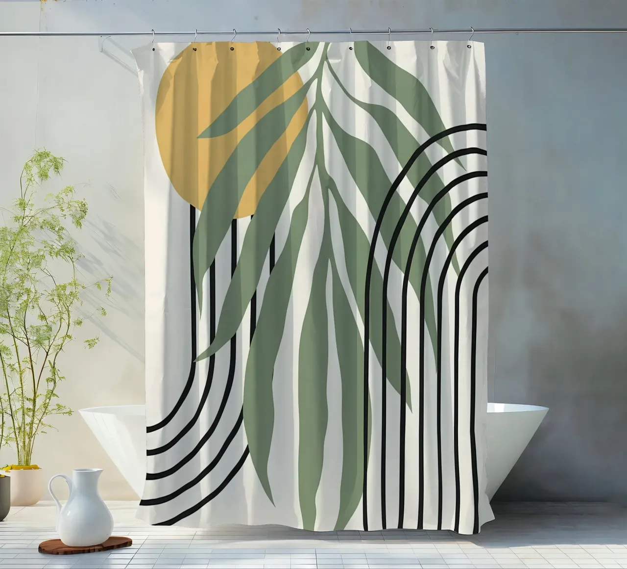 forme astratte foglie linee geometriche linee ad arco giallo c tenda da doccia da Janine P McGuire