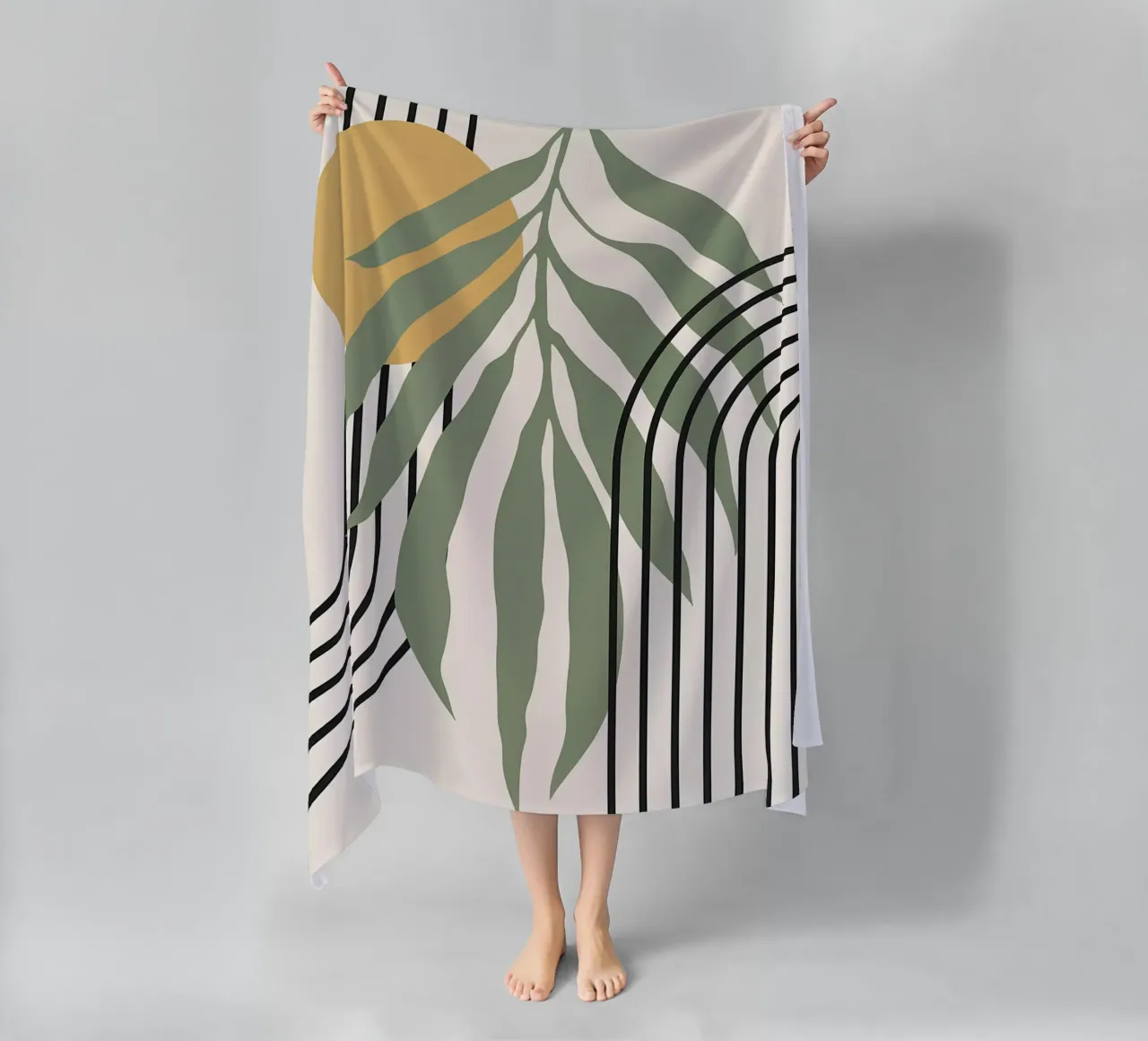 forme astratte foglie linee geometriche linee ad arco giallo c telo mare da Janine P McGuire