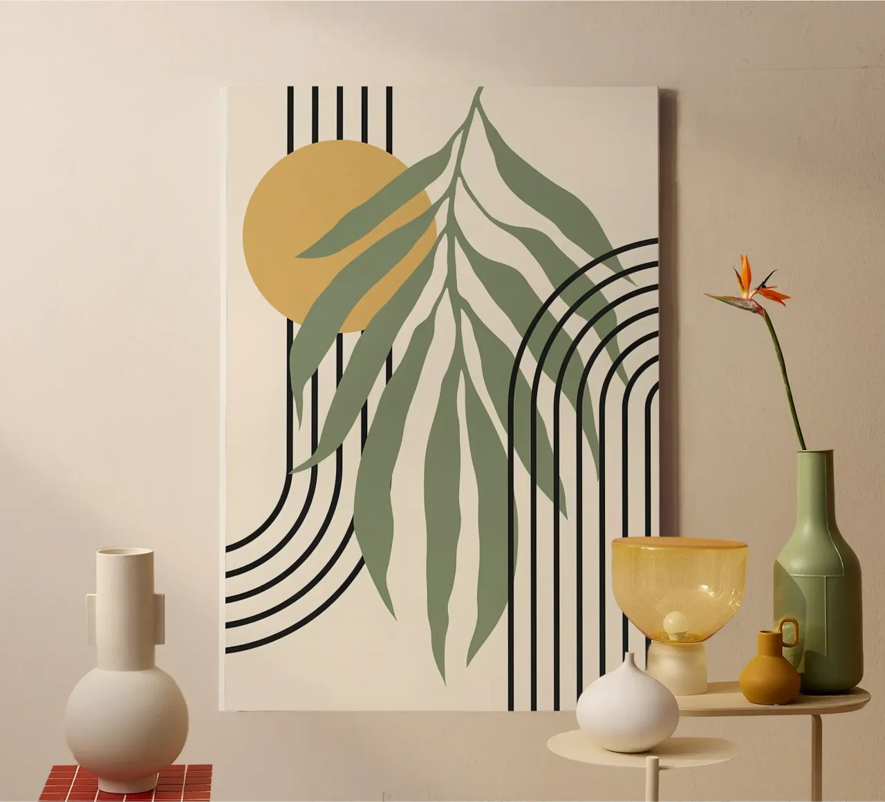 forme astratte foglie linee geometriche linee ad arco giallo c tela da Janine P McGuire