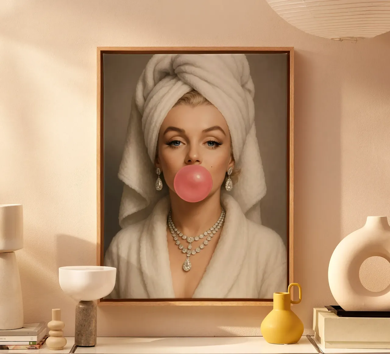 Marilyn Monroe in accappatoio Bubble Gum tela con Cornice a cassetta da ARTOMATIC