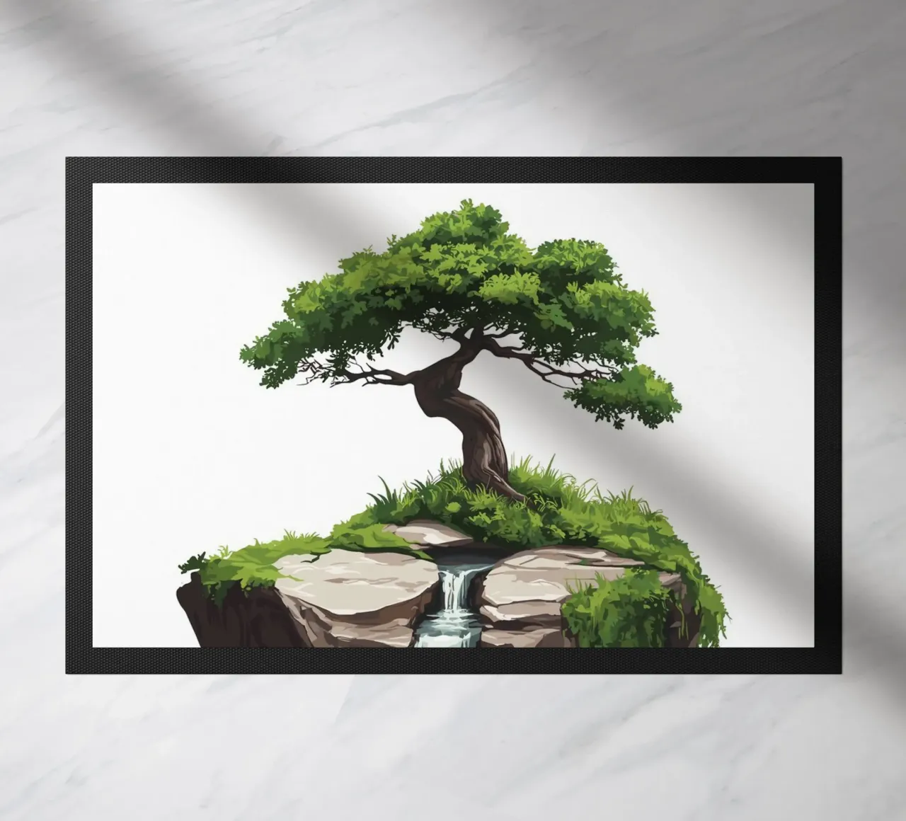 Bonsai with waterfall on a floating rock doormat by pixelbull - medieval art and more