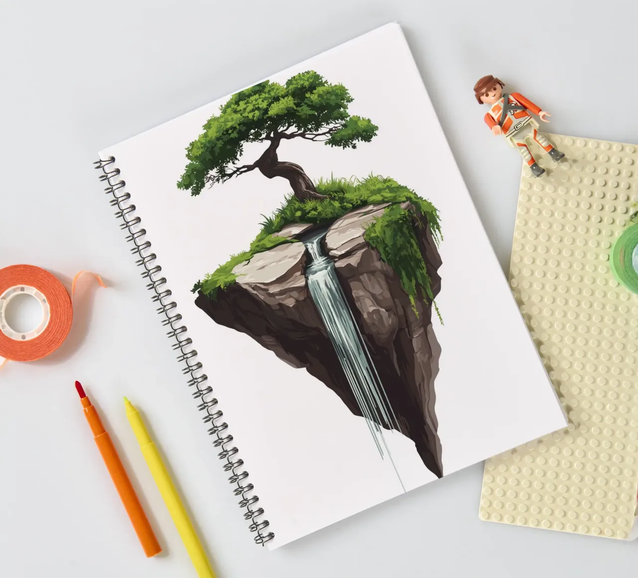Bonsai with waterfall on a floating rock spiral notebook by pixelbull - medieval art and more