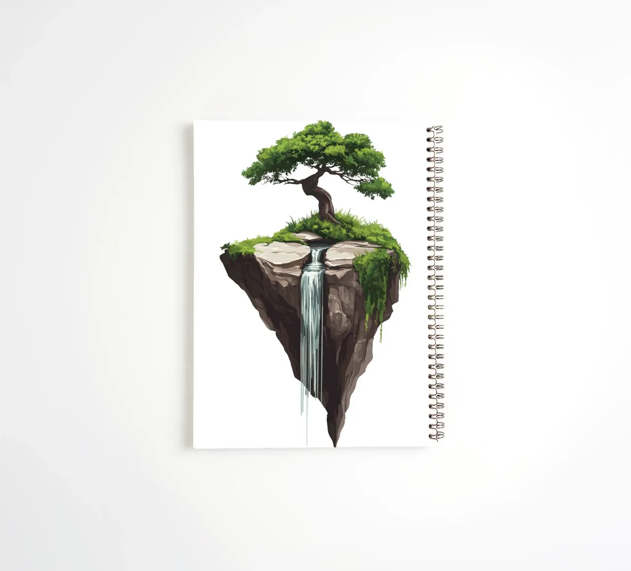 Bonsai with waterfall on a floating rock spiral notebook by pixelbull - medieval art and more