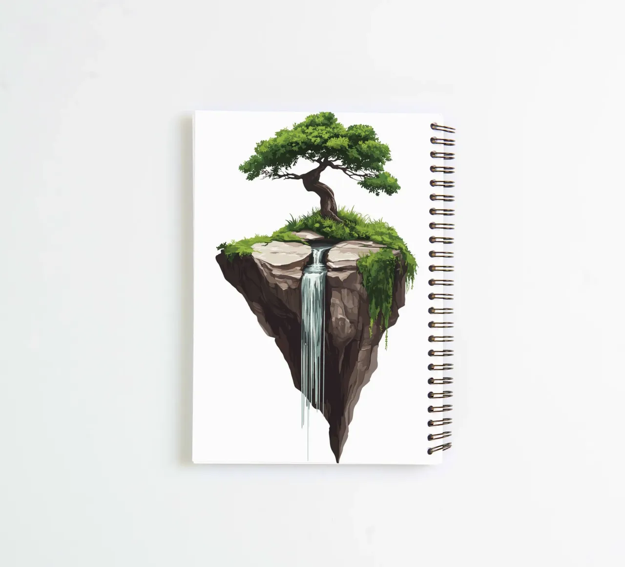 Bonsai with waterfall on a floating rock spiral notebook by pixelbull - medieval art and more