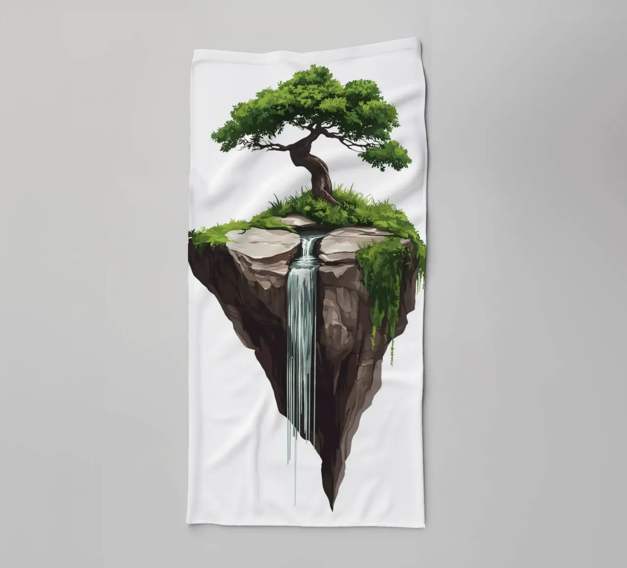 Bonsai with waterfall on a floating rock towel by pixelbull - medieval art and more