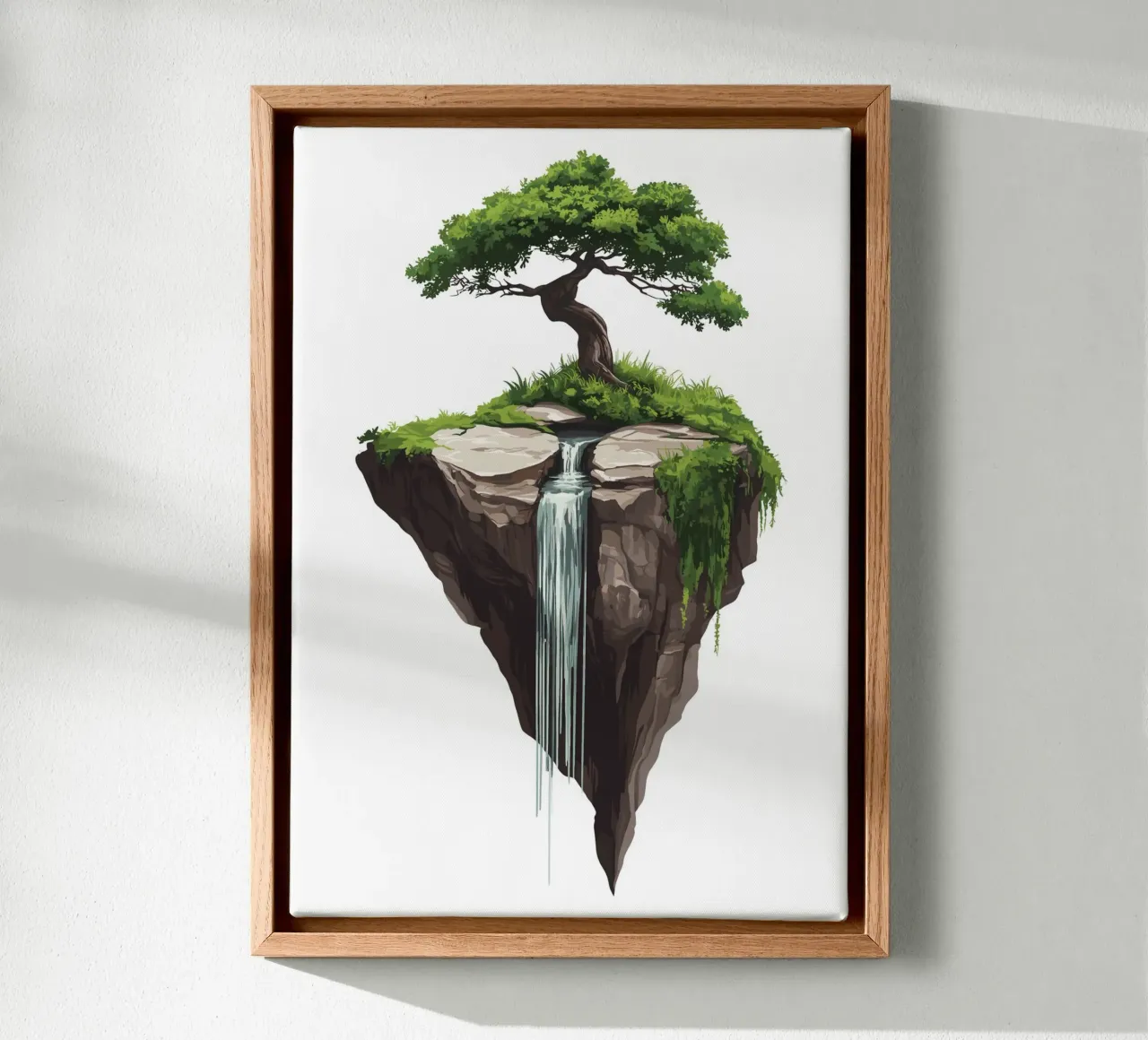 Bonsai with waterfall on a floating rock canvas with Floater frame by pixelbull - medieval art and more