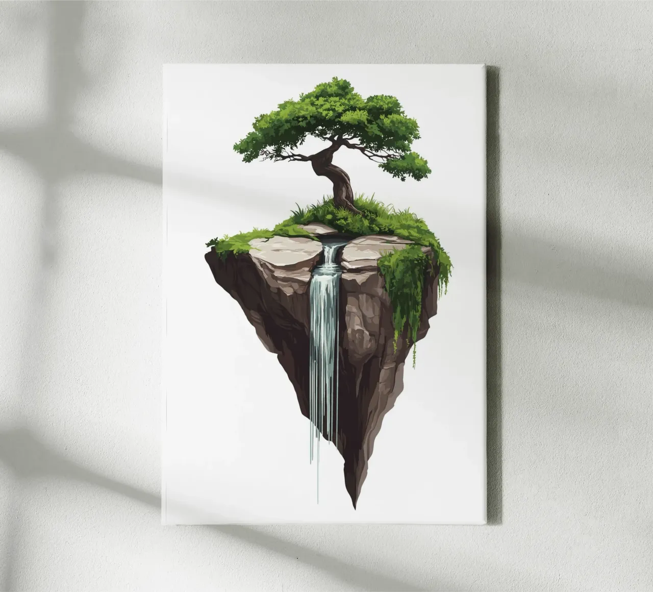 Bonsai with waterfall on a floating rock canvas with Floater frame by pixelbull - medieval art and more