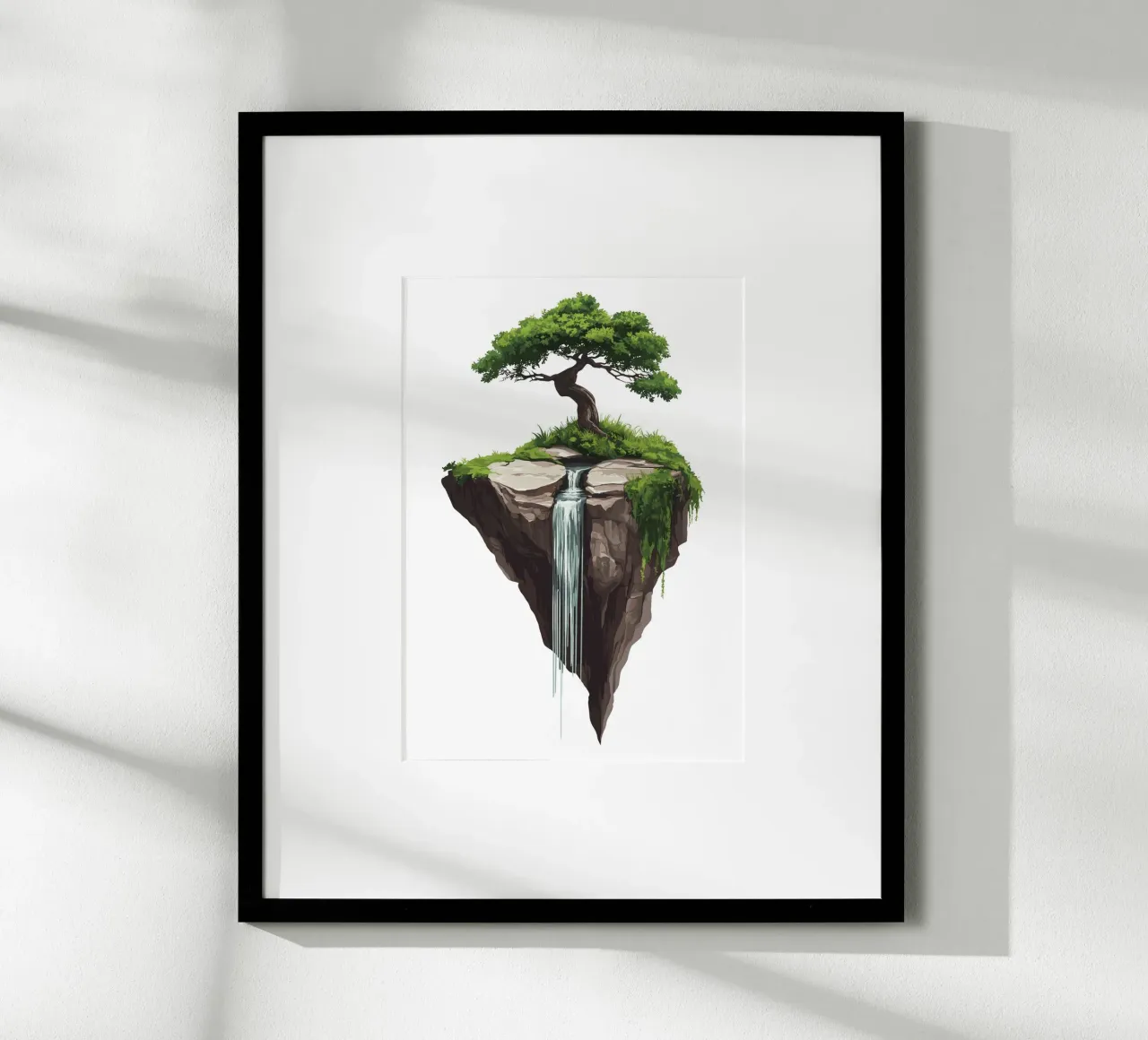 Bonsai with waterfall on a floating rock poster by pixelbull - medieval art and more