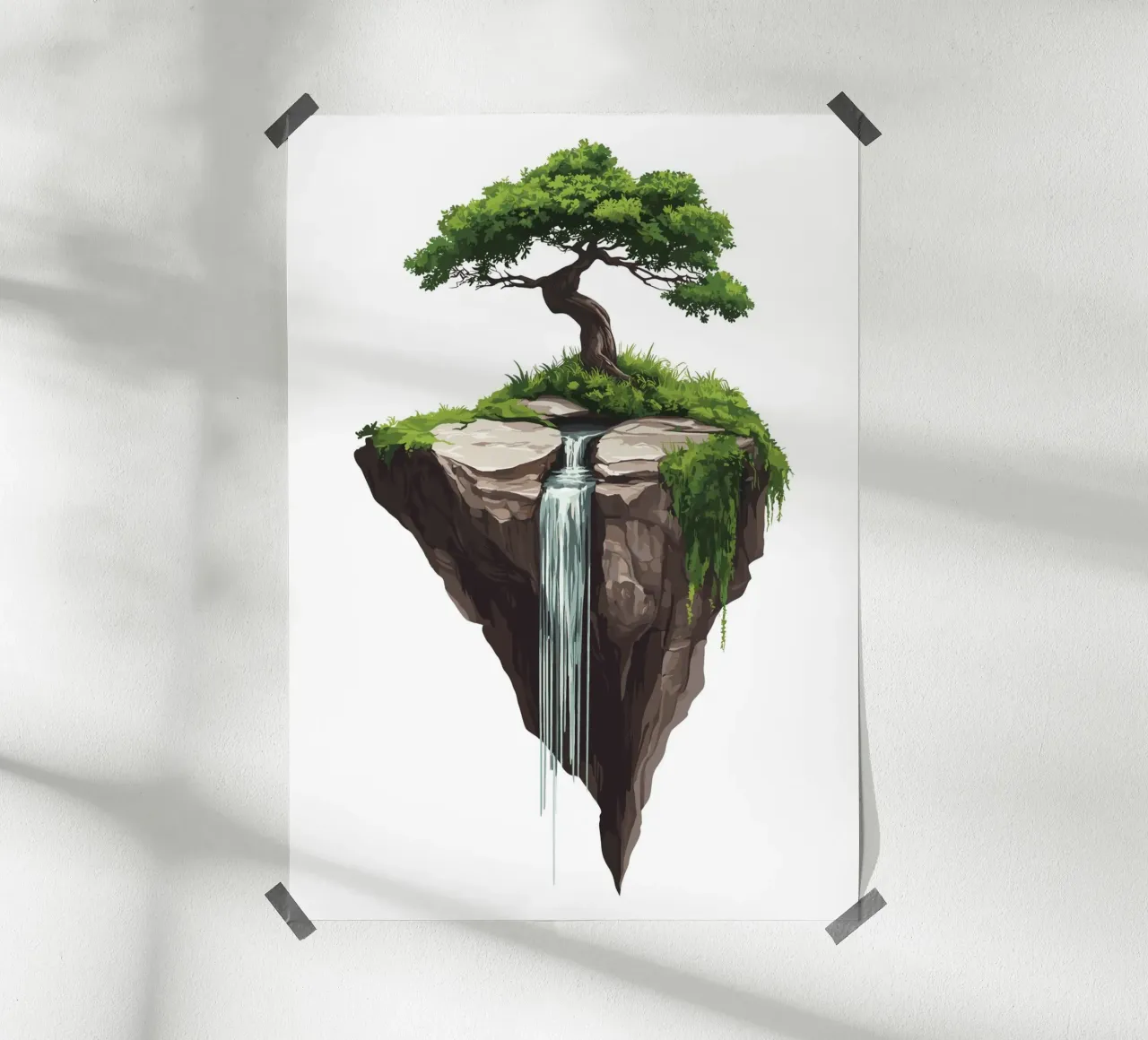 Bonsai with waterfall on a floating rock poster by pixelbull - medieval art and more